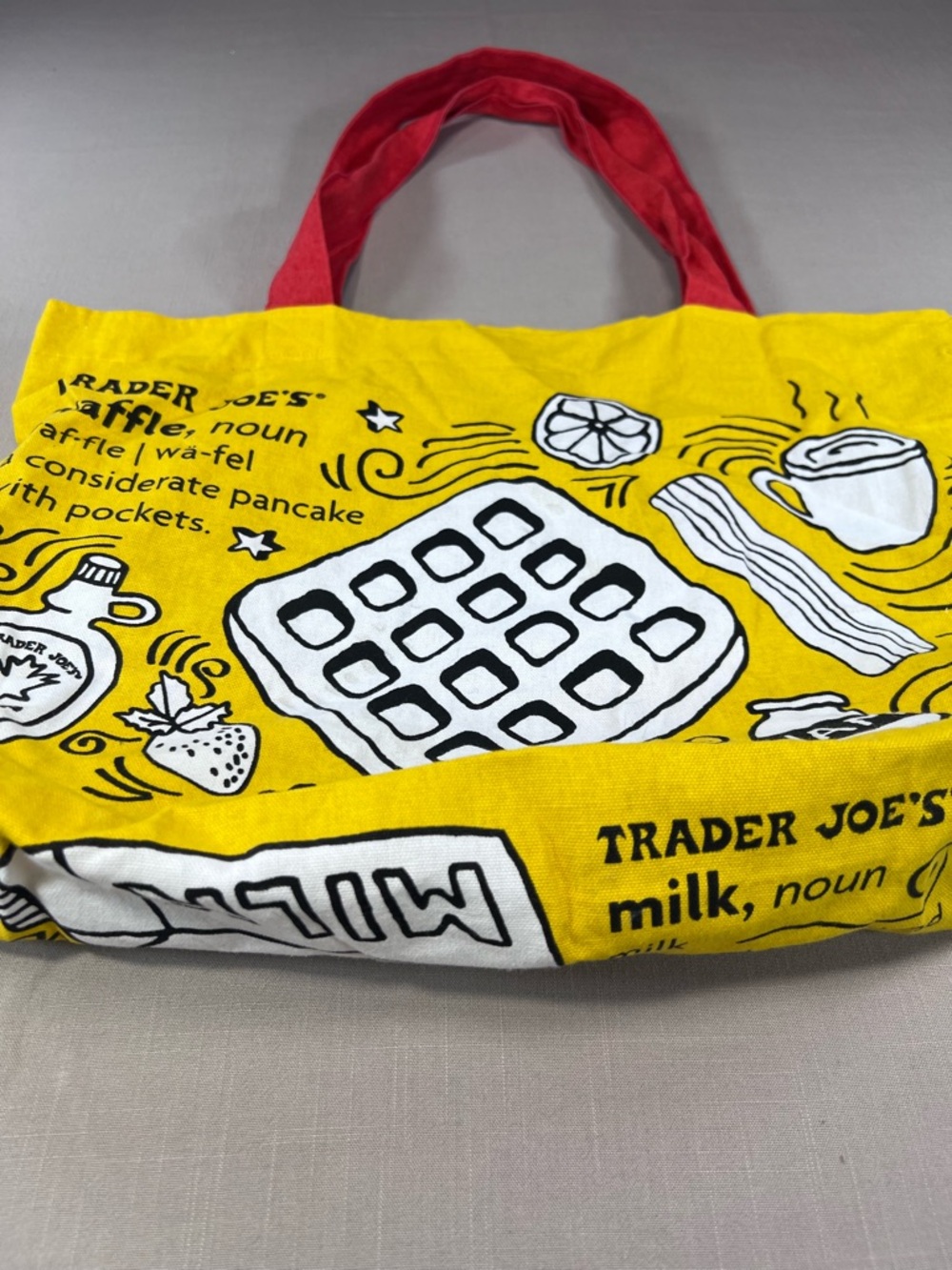 Trader Joe’s Yellow Canvas Tote Bag Red Handles Toast Milk Grocery Shopping Bag - Picture 4 of 8